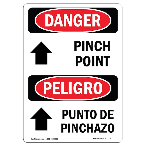 OSHA Sign, Pinch Point Bilingual, 5in X 3.5in Decal, 10PK, 3.5" W, 5" L, Bilingual Spanish, PK10